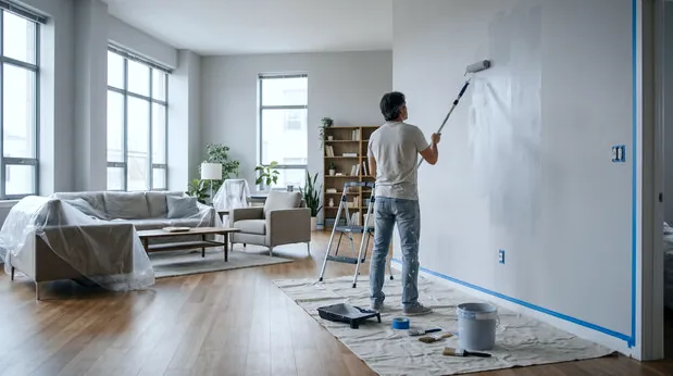 Painter rolling a condo living room wall in Hermosa Beach with furniture covered