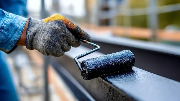 Painter rolling a protective coating onto a metal railing near the beach in Redondo